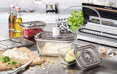 Ручной вакуумный упаковщик с 3 вакуумными контейнерами из стекла, 10 пакетами ZIP и наклейками Food Manager, беспроводной, до 150 минут работы, перезаряжаемый (комплект вакуумных контейнеров, одиночный)