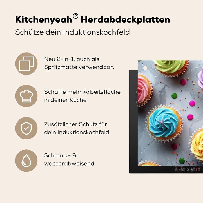 Фартух для плити, кухонний фартух, вініл, 78x52 см, декор для кухні, облицювання стіни, кришка плити - сіро-чорна (Кекси - Мафіни, 52,7Д x 91,6Ш см)