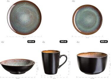 Керамічний набір посуду для 4 персон із зелено-коричневою реактивною глазур'ю, комбінований сервіз із 20 предметів у сучасних стриманих формах купе, набір посуду з кераміки, 934100 Series Teona