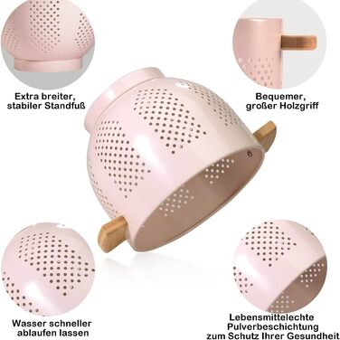 Металеве сито для пасти з дерев&39яною ручкою та стабільною основою, велике кухонне сито 22 см для пасти, овочів та фруктів, міцне кухонне сито (рожеве)