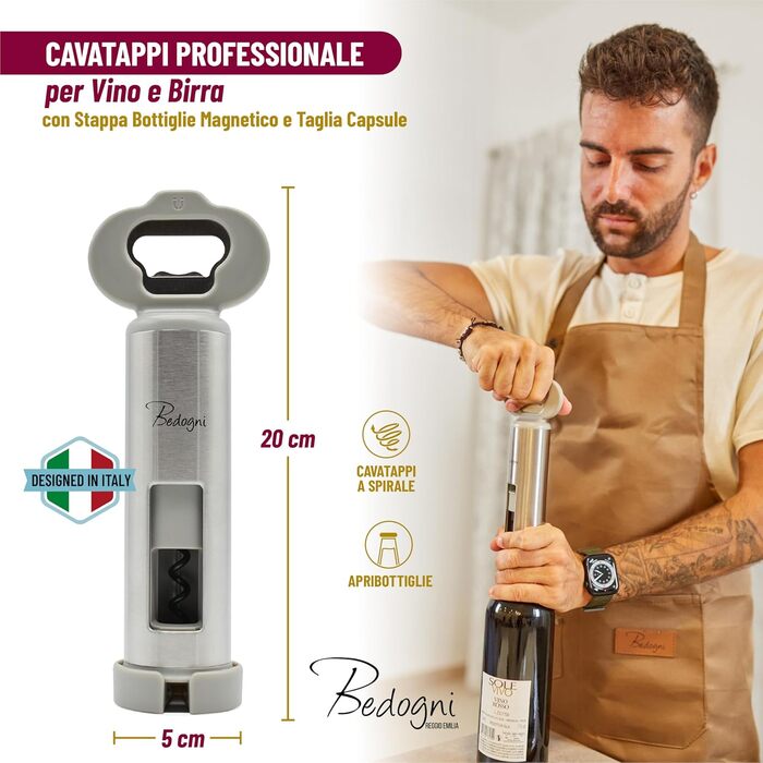 Штопор для вина та пива з магнітним утримувачем кришок Bedogni Reggio Emilia