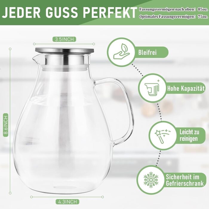 Скляний глечик з кришкою та широкою ручкою та щітка для чищення 2,5 л SUSTEAS