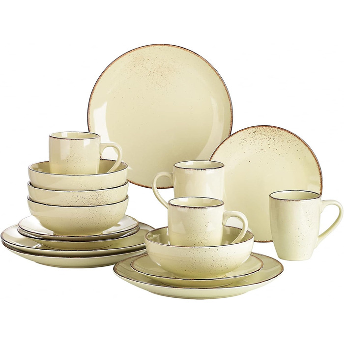 Набір посуду Vancasso на 12 осіб, набір керамічного посуду Navia, комбінований набір із 48 предметів обідні тарілки, салатниці, миски та чашки, вінтажний вигляд, натуральний дизайн (набір із 16 предметів, кремовий)