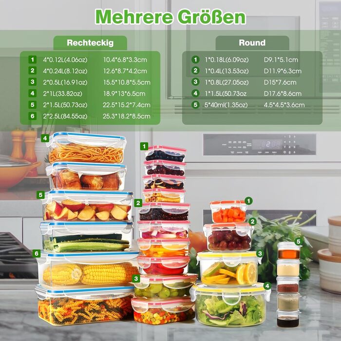 Контейнери для зберігання харчових продуктів YASHE з кришками, 16 шт. (8 контейнерів, 8 кришок), набір контейнерів для зберігання, 100 герметичні, без BPA, 0,24-1,5 л (SE-50PCS)