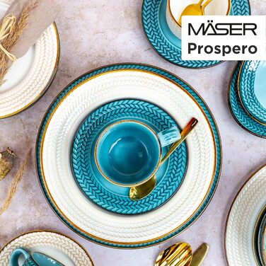 Серія Prospero, преміум-клас для 4 осіб у гастрономічній якості, сучасний набір тарілок із 8 предметів в унікальному вінтажному стилі, синій, міцний фарфор (білий, обідній сервіз)