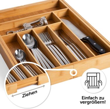Бамбуковий лоток для столових приборів Blumtal - Регульований роздільник для шухляд для кухні - Органайзер для столових приборів з 7-9 відділеннями - Висувна шухляда для кухонних шухляд - Великий, гнучкий органайзер для столових приборів - 7-9 відділень