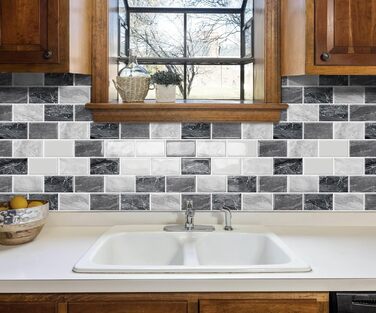 Мозаїчна плитка з клеєм, Наклейки на плитку, Настінна плитка, Клейка плитка Metro, Самоклеюча імітація плитки для кухні та ванної кімнати - Штука, (30,5 x 30,5 см) (10, Мозаїчний вигляд), 3D