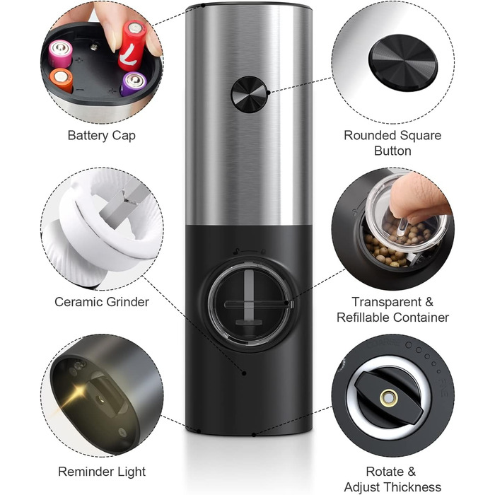 Набір із 2 електричних млинів солі та перцю на підставці, сріблястий/чорний Cokunst