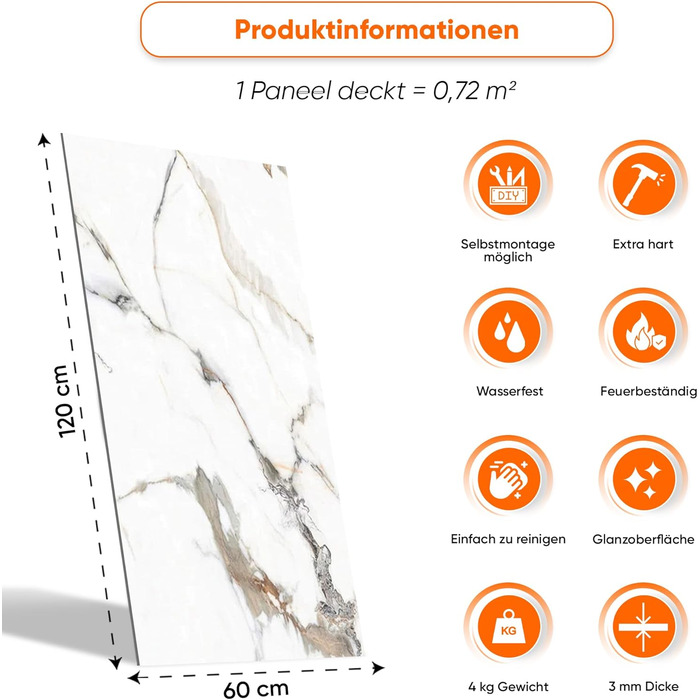 Стінові панелі IZODEKOR під мармур 60x120 см Фартух для кухні ПВХ-облицювання стін для кухні, ванної кімнати Бризкозахисний екран для кухні Водонепроникний та термостійкий (4 панелі, Едемський сад)