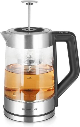 Скляний чайник Emerio WK-122248 ПЕРЕМОЖЕЦЬ ТЕСТІВ з повністю автоматичним чайним ситечком 1.3 класу, боросилікатне скло, без BPA, об&39єм 1.7 л, вибір температури, 2200 Вт, чорний/срібний (ручний)