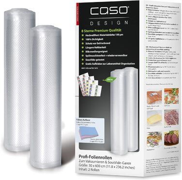 Профессиональные рулоны пленки CASO 30x600 см/2 рулона, для всех вакуумных упаковщиков, не содержат бисфенола А, очень прочные и устойчивые к разрывам ок. 150 мкм, ароматнепроницаемые, устойчивые к кипячению, су-вид, многоразовые, вкл. наклейку Food Manag