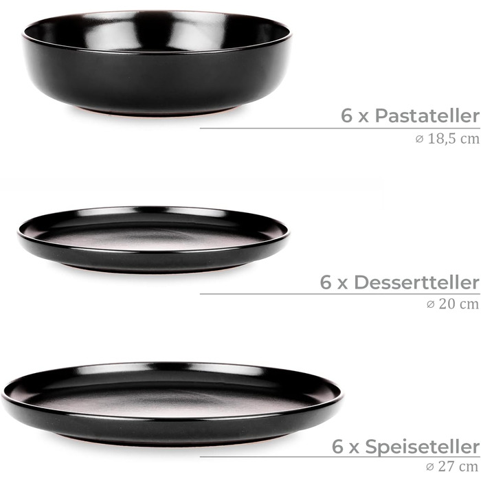 Консімо. Набір посуду Combi 6 персон Набір тарілок VICTO Modern 24 предмети Столовий сервіз - Сервіз та набори посуду - Комбінований сервіз 6 осіб - Сервіз для сім'ї - Посуд Столовий посуд (18 предметів (тарілка для макаронів), чорний)