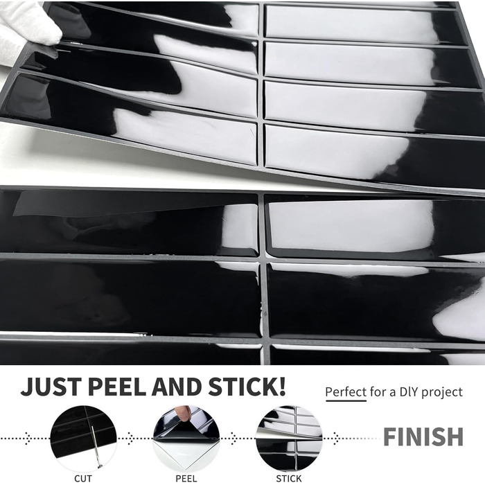 Наклейки на плитку DEWOO, клейка плитка, плитка Metro, самоклеюча настінна плитка, плівка для плитки для кухні та ванної кімнати, прямокутна, - шт. (30,5 x 30,5 см) (10, чорний)