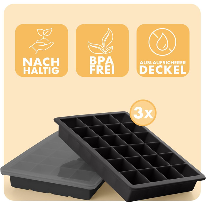 Силіконові формочки для льоду Blumtal, набір з 3 шт. - форма для льоду на 24 кубики з кришкою - силіконова форма для льоду без бісфенолу А - форма для льоду, безпечна для харчових продуктів - сіро-блакитна великі кубики (чорна, великі кубики)