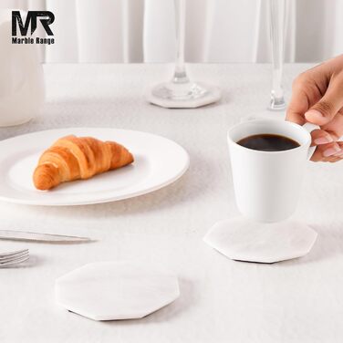 Підставки під чашки з мармуру з підставкою, 8.9 см, з оніксу, ручної роботи, для офісу, напоїв, кави та бару, на обідній стіл, набір з 6 шт. (Білі)
