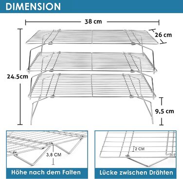 Охолоджувальна решітка Herogo, 3-рівневий набір охолоджувальних стійок з нержавіючої сталі, прямокутна решітка для охолодження випічки, ідеально підходить для печива, тортів, хліба, 38x26 см, складається та штабелюється, можна мити в посудомийній машині