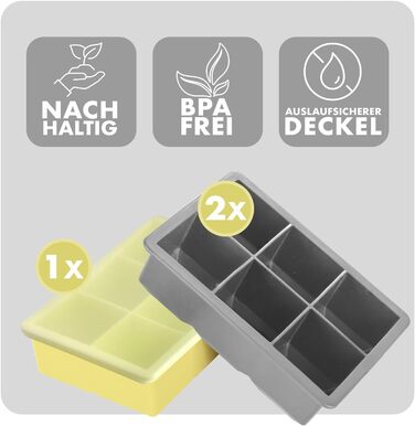 Силіконові формочки для льоду Blumtal, набір з 3 шт. - форма для льоду на 24 кубики з кришкою - силіконова форма для льоду без бісфенолу А - форма для льоду, безпечна для харчових продуктів - сіро-блакитний великі кубики (сірий жовтий, XXL кубики)