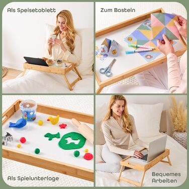 Бамбуковий піднос Blumtal з дерев&39яною підставкою для планшетів/телефонів - Піднос для сніданку для ліжка - Складаний столик для ліжка 50 x 30 x 6 см - Столик для ноутбука для дивана - Міцний піднос для дивана, білий