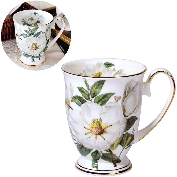 Набір із 2 порцелянових кавових кухлів, квітковий візерунок, чашки у формі кістки, китайський стиль, 300 мл, з ручкою для кави, чаю, молока, капучино (B)