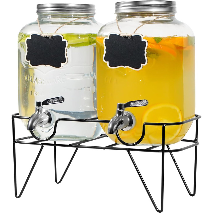 Двойной стеклянный диспенсер для напитков 2 х 4 л с металлической подставкой Hisredsun