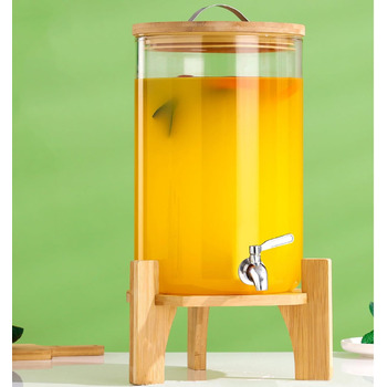 Стеклянный диспенсер для напитков 10 л с бамбуковой крышкой и подставкой Hisredsun