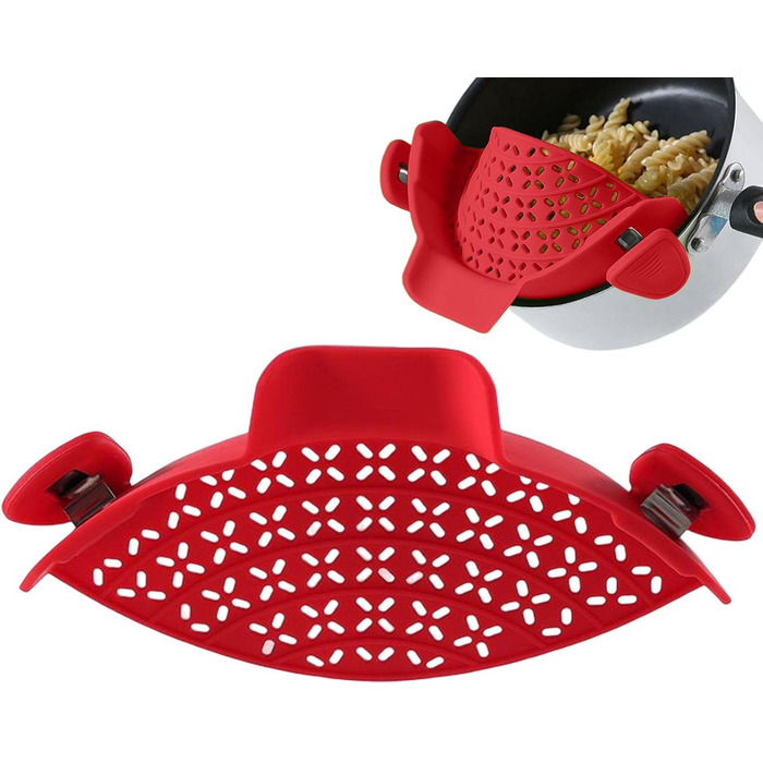 Силіконовий друшляк Fulenyi із застібкою, насадка для пасти для каструль, сковорідок та мисок, кухонне ситечко, яке можна мити в посудомийній машині, друшляк для зливання води ідеальний засіб для зливання пасти та овочів (червоний)