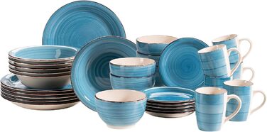 Набор винтажной посуды из 30 предметов на 6 персон, керамический сервиз с ручной росписью, керамогранит, (синий)