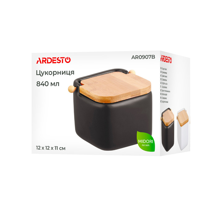 ARDESTO Сахарница Midori 12х12х11см, 840мл, керамика, бамбук, черная