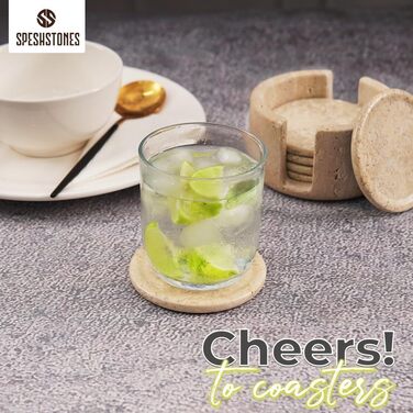 Підставки під напої з мармуру, зелені, 8.9 см, круглі кам'яні підставки для кави, чаю та інших напоїв з тримачем. Ідеальні для кав'ярень, подарунків, обіднього столу та декору дому, набір з 6 шт. (Travertine-SS-RC)