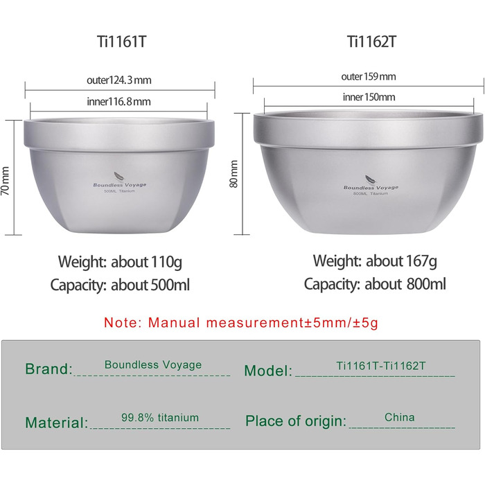 Набор титановых лоханок с двойными стенками 500 и 800 мл Boundless Voyage