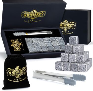 Подарунковий набір 18 каменів для віскі з оксамитовим мішечком та щипцями Whisiskey