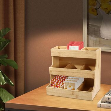 Тримач для чайних пакетиків з бамбука Qussse, 9 відділень, 3 рівні, органайзер для зберігання чайних пакетиків для дому, офісу, кафе, чайних будиночків