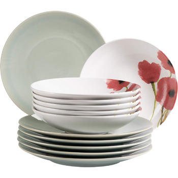 Набір тарілок на 6 осіб у частково прикрашеному вінтажному вигляді, обідній сервіз із 12 предметів, що складається з 6 обідніх тарілок рожевого кольору та 6 тарілок для супу з квітковим декором, керамограніт (мак), 931926 Ossia Aguarela