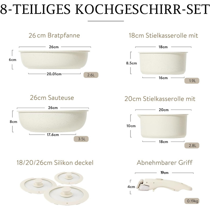 Набір кухонного посуду зі скляними кришками та знімною ручкою,  8 предметів, білі Carote