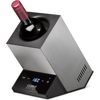 Дизайнерский винный холодильник на одну бутылку, диапазон температур от 5 до 18C, для бутылок диаметром до 9 см, сенсорное управление, корпус из нержавеющей стали, маленький
