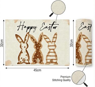 Великодні серветки &quotЩасливого Великодня&quot з коричневим кроликом, набір з 4 шт. , 32x45 см, весняний різдвяний килимок, серветки, що миються, прикраса для кухні-вечірки (коричневий, 32 x 45 см)