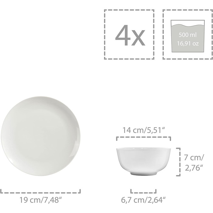 СПІВАЧКА Столовий сервіз New Port білий, порцеляновий набір посуду на 86 предметів на 12 персон, повний набір, набір тарілок білого кольору (комбінований сервіз 16 шт.)