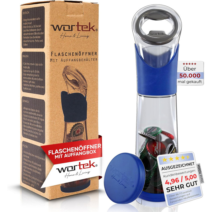 Відкривачка для пляшок з контейнером для кришок синій wortek