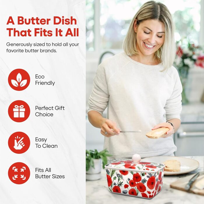 Маслянка з кришкою, китайська кераміка, з гарними акварельними мотивами, дизайн від Jennifer Rose Gallery для Busy Bees (червона/біла)