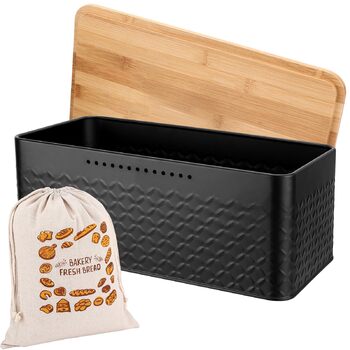 Хлібниця 33 x 19 x 12 см з дерев'яною кришкою та лляним хлібним мішком, чорна Royouzi