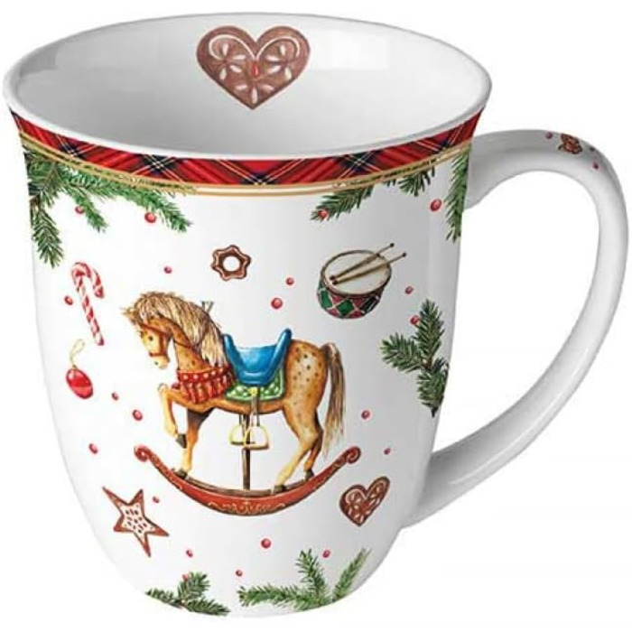 Чашка для кави, чашка для чаю, кухоль 0,4 л, чашка з тонкого кістяного фарфору, Різдвяний Різдвяний Різдвяний (коник-гойдалка 2)
