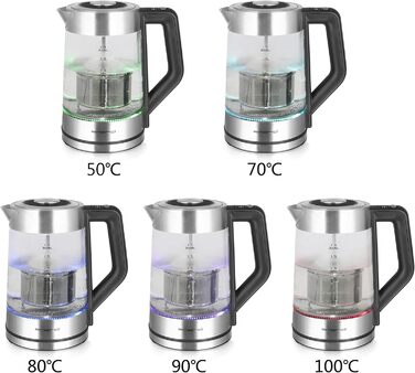 Скляний чайник Emerio WK-122248 ПЕРЕМОЖЕЦЬ ТЕСТІВ з повністю автоматичним чайним ситечком 1.3 класу, боросилікатне скло, без BPA, об&39єм 1.7 л, вибір температури, 2200 Вт, чорний/срібний (ручний)