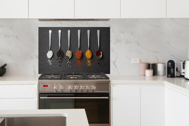 Кухонна панель для фартуха, бризкозахисна панель для кухні, алюмінієва панель, бризкозахисна панель для плити, альтернатива скляній панелі, чорна - з малюнком - суцільна - чорна - темна - (ложка для спецій, 100x65 см)