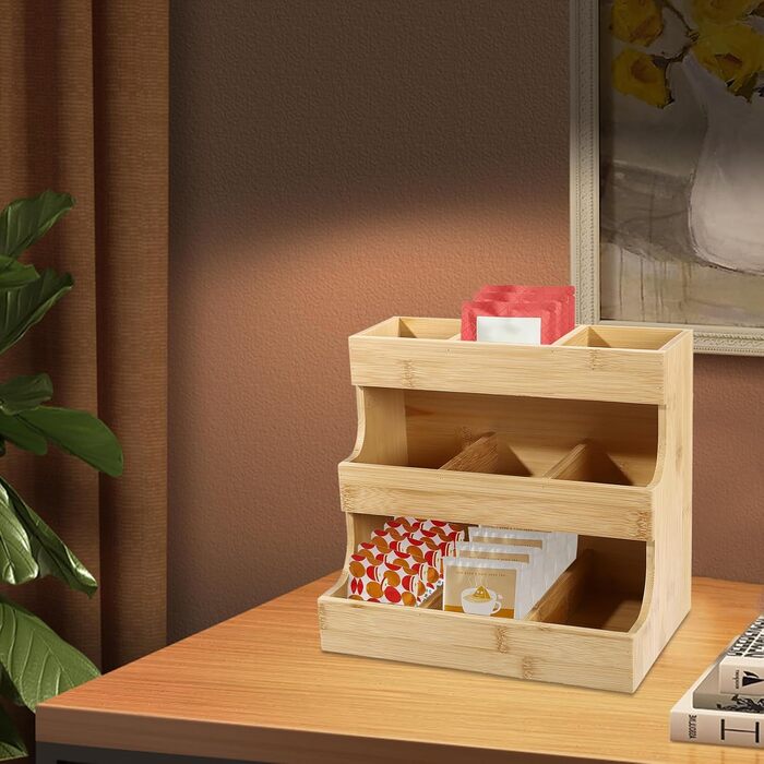 Тримач для чайних пакетиків з бамбука Qussse, 9 відділень, 3 рівні, органайзер для зберігання чайних пакетиків для дому, офісу, кафе, чайних будиночків