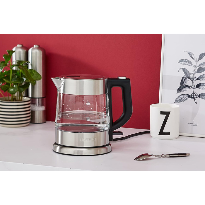 Скляний чайник SEVERIN, потужний і компактний чайник у високоякісному дизайні, електрочайник з фільтром від накипу, нержавіюча сталь/чорний, WK 3468, чайник на 1 літр