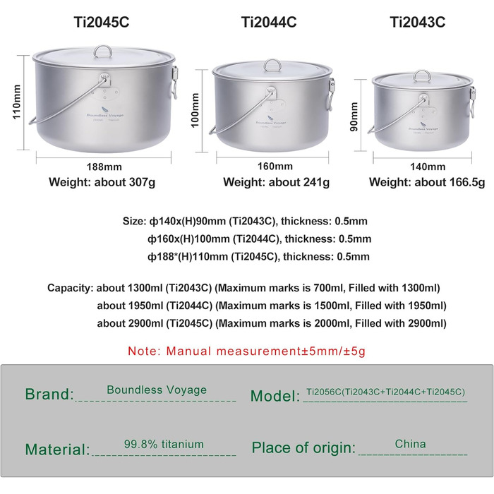 Титановый горшок 1,3 л / 1,95 л / 2,9 л Кемпинг Подвесной горшок Суп Горшок с крышкой Наружная посуда Легкая чаша чайника Походная кухонная утварь Портативная посуда Набор для приготовления пищи на 1-4 персоны (Ti2056c 1300 мл 1950 мл 2900 мл набор кастрю