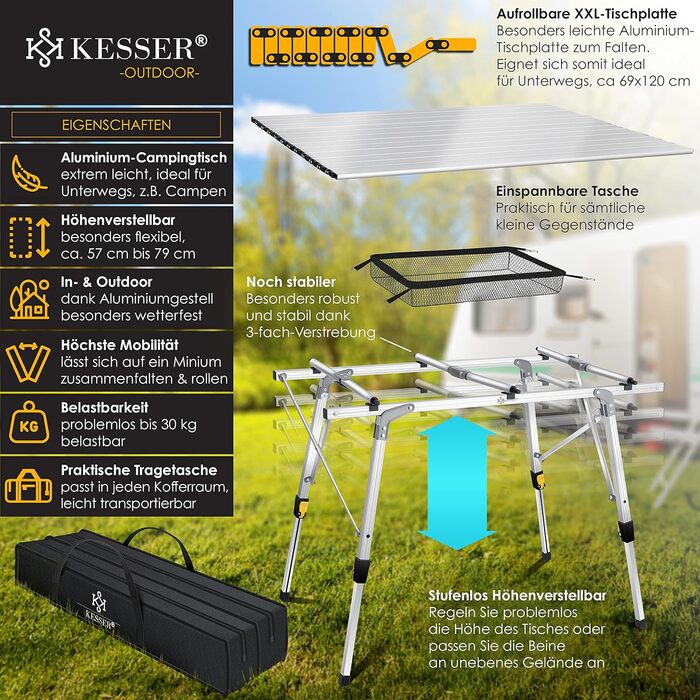 Стол для кемпинга KESSER складной стол с алюминиевой рамой Откидной стол на колесах Откидной стол Регулировка высоты, включая сумку для переноски с ремнем для переноски 90 x 53 см - до 30 кг, (120 см x 70 см, серебристый)