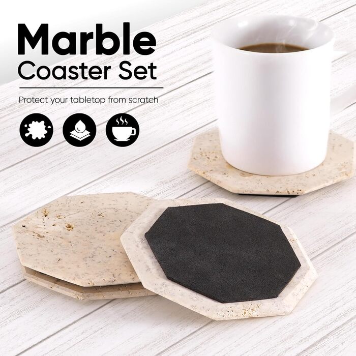 Підставки під чашки з мармуру з підставкою, 8.9 см, з оніксу, ручної роботи, для офісу, напоїв, кави та бару, на обідній стіл, набір з 6 шт. (Травертин)