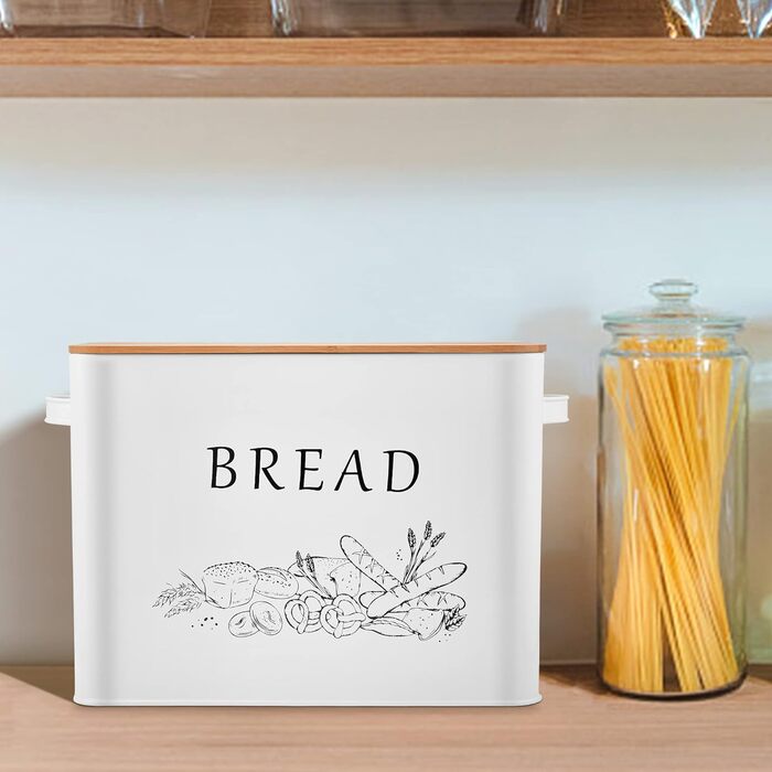 Хлібниця Herogo, металева хлібниця з дерев'яною кришкою для різання хлібної дошки, дуже велика хлібниця для великих буханок хліба, компактне відділення для зберігання хліба для кухонної стільниці, 33 x 18 x 24,5 см (біла)