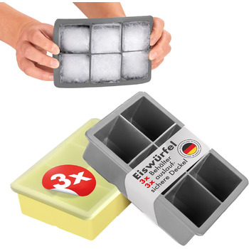 Силиконовые формочки для льда на 6 кубика XXL с крышкой, набор 3 предмета, серый/желтый Blumtal